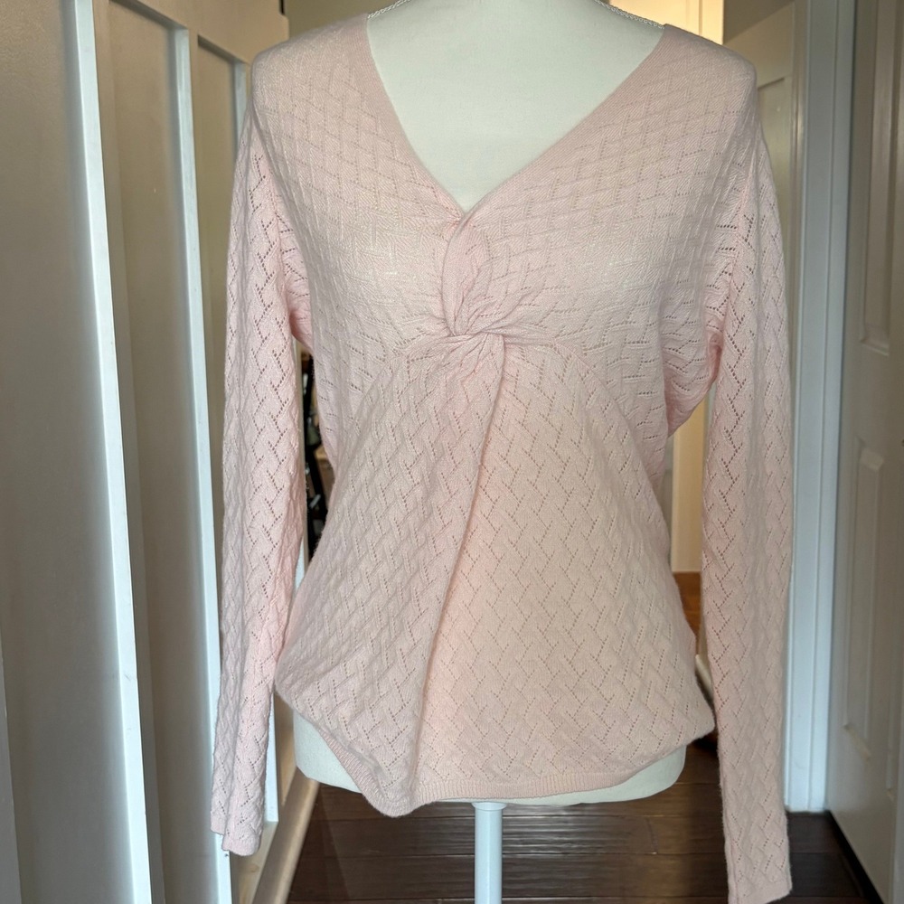 Garnet Hill Pink Pointelle Twist Front V-Neck Sweater 100% Cashmere M Soft Cozy